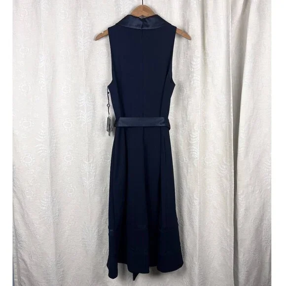 Adrianna Papell knit crepe midi dress midnight blue satin lapel belted -  www.greenwatershopping.com